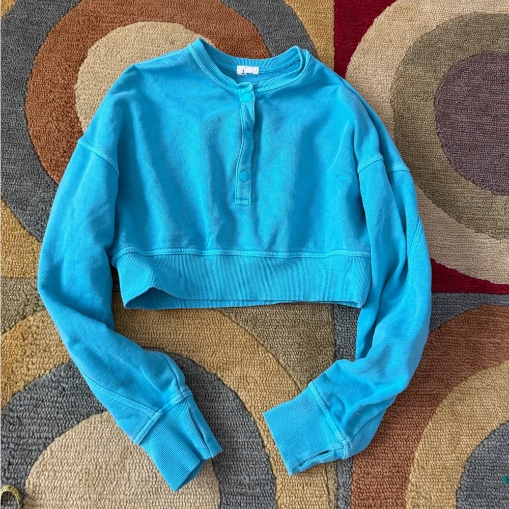 Offline by Aerie Throwback Snap Fleece Crewneck Sweatshirt Blue Cropped Size XXS